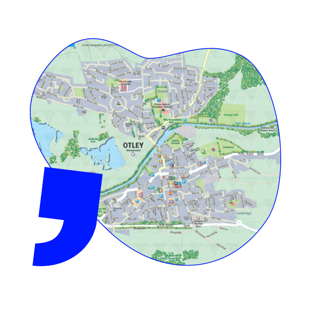 Map of Otley with landmarks highlighted to show the areas the Glad We Talked Program Otley is taking place.